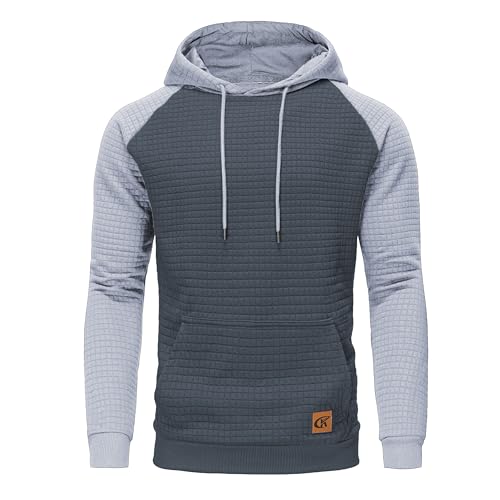 Huayuzh Hoodie Herren Kapuzenpullover Casual Langarm Karierten Kordelzug Jacquard Sweatshirt mit Kapuze Taschen Grau Farbblock Hellgrau XL