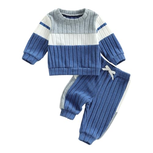 XIXIMAON Toddler Baby Boy Two Piece Outfit Contrast Color Patchwork Long Sleeve Sweatshirt Tops Elastic Jogger Trousers Set Infant Autumn Winter Clothes (Blue, 2-3T)