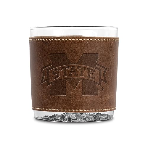 Rico Industries NCAA Mississippi State Bulldogs Main 11.5 oz Genuine Cowhide Leather Wrapped Rocks Glass with Embossed Logo, Double Old Fashioned Whisky Drinking Glass, Brown
