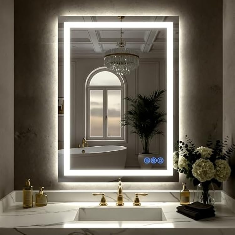 LED Bathroom Mirror with Lights 24x36, Wall-Mounted Vanity Mirrors Front & Backlit Separate Light Control Stepless Dimmable Anti-Fog Memory 3 Color Temperatures Shatter-Proof Tempered Glass
