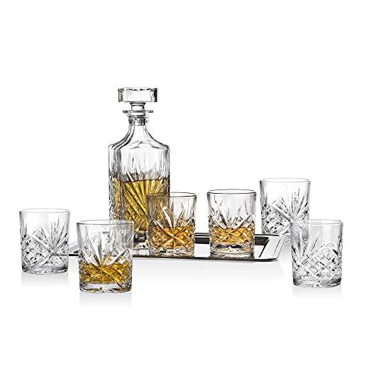 Dublin Whiskey Bar Set - Includes Whisky Decanter, 6 Old Fashioned Tumbler Glasses and Mirrored Display Tray