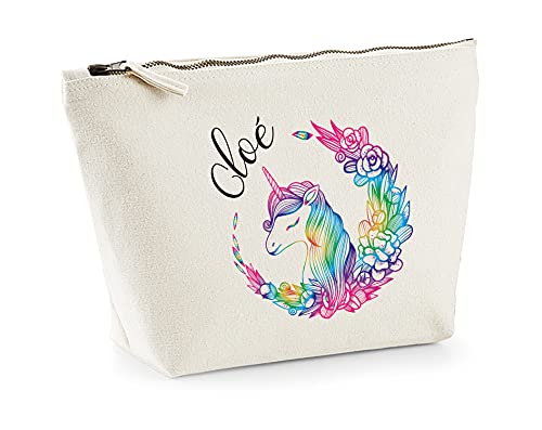 CP Marquage - C50 Trousse personnalisée en coton Bio Licorne Ronde Arc en Ciel, prénom, existe en 2 tailles, trousse de toilette, prénom, cadeau anniversaire, cadeau femme, trousse bijoux, cadeau personnalisé