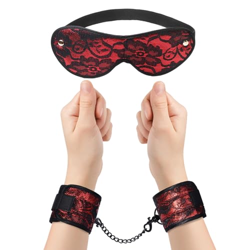 Image of Lace Blindfold and Faux-Fur-Lined Handcuffs Set, Red Soft Bondage Wrist Cuffs Kit Sex Play Toys for Adults