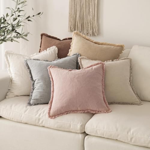 Image of MIULEE Linen Fringe Decorative Euro Throw Pillow Covers Light Pink 22x22