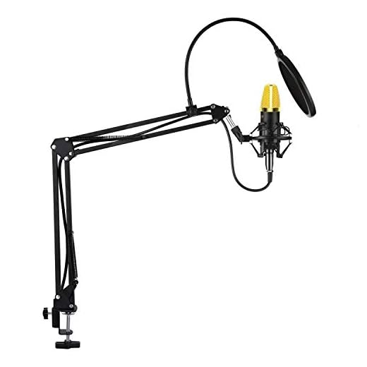 AUKEY Microphone à Condensateur Professionnel Enregistrement Studio avec Support de Microphone à Bras de Ciseaux Réglable avec Shock Mount et Kit de Pince de Fixation (Or)