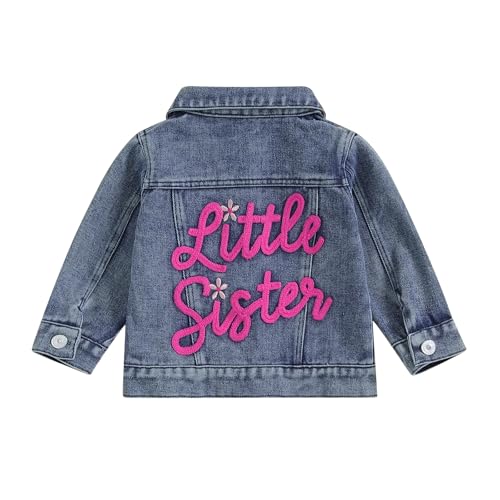 Image of VISGOGO Toddler Baby Girl Jacket Big Lil Sister/Brother Letter Embroidery Jean Long Sleeve Cardigan Button Denim Coat