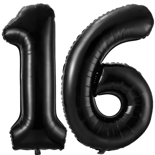 Black 16 Balloon Number,40 Inch Number 16 Balloon Large Black Foil Mylar Helium Balloons for Birthday Party Decorations