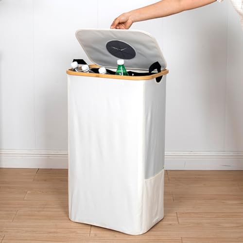Linyuant 26 Gallon Recycling Bin with Lid 110L Indoor Home Recycle Bin Featuring 1 Removable Reusable Inner Bags for Bottles, Cans, Glass, Plastic, and Cartons(Beige
