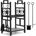 INNO STAGE Firewood Rack Fireplce Firepit Tools Set Double Layer Iron Wood Log Holder for Fire Place Outdoor Indoor Accessories-Brush, Shovel, Tong, Hook