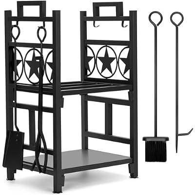 INNO STAGE Firewood Rack Fireplce Firepit Tools Set Double Layer Iron Wood Log Holder for Fire Place Outdoor Indoor Accessories-Brush, Shovel, Tong, Hook