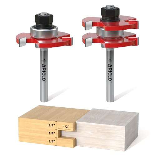 APIOLO Professional 2 PCS Tongue and Groove Router Bit Set 1/4 Inch Shank, 3 Teeth T Shape Wood Milling Cutter Woodworking Tools, for DIY Doors Tables Cabinets Shelves Furniture