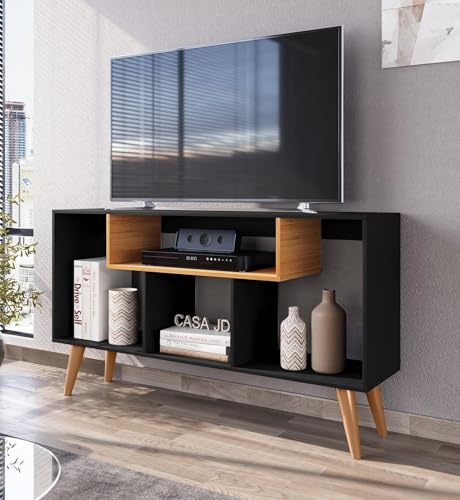 Rack Bancada Para Tv De Até 43 Polegadas Com Prateleira E Nichos Para Sala De Estar Casa Jd (Preto Nature)