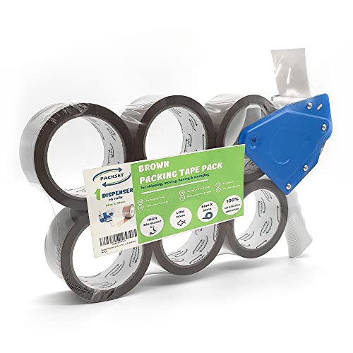 Packset Dévidoir De Ruban Adhésif D'emballage Silencieux, Solide Et Sécurisé Avec 6 Rouleaux Marron 48mm X 66mm - Facile D'utilisation Idéal Pour Déménager, Sceller Colis Pour Le E-commerce Cover