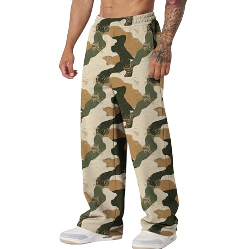 Men's Forest Print Loose Fit Pants with Elastic Waistband Outdoor Straight Leg Trousers for Hiking Adventure