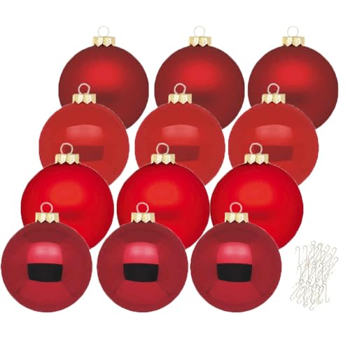 Inge Glas große Weihnachtskugeln mit Haken | Christbaumkugeln aus Glas | Set 12 Kugeln 8cm groß und 40 Aufhänger | Christbaumschmuck Weihnachtsbaumkugeln (Ruby Red | rot)