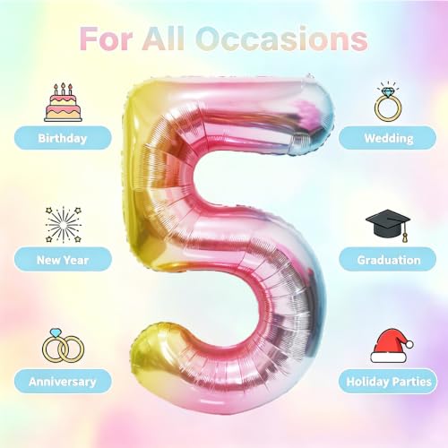 Image of Rainbow Number Balloons Birthday Balloons - Giant Number 5 Balloon 40 inch, Numbers Balloon Birthday Decorations, Rainbow Party Supplies for Baby Shower