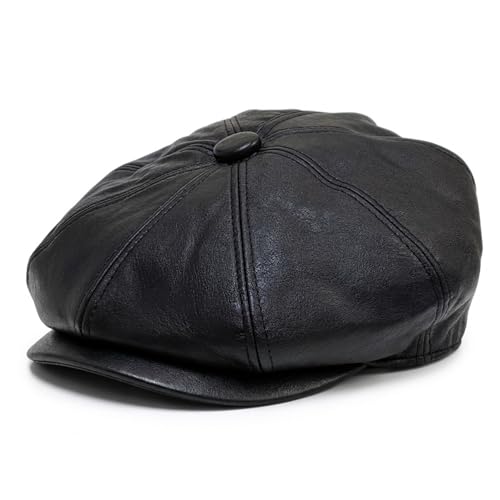 Image of TruClothing Men's Black PU Leather Newsboy Cap Vintage 8-Panel Baker Boy Hat - Black M