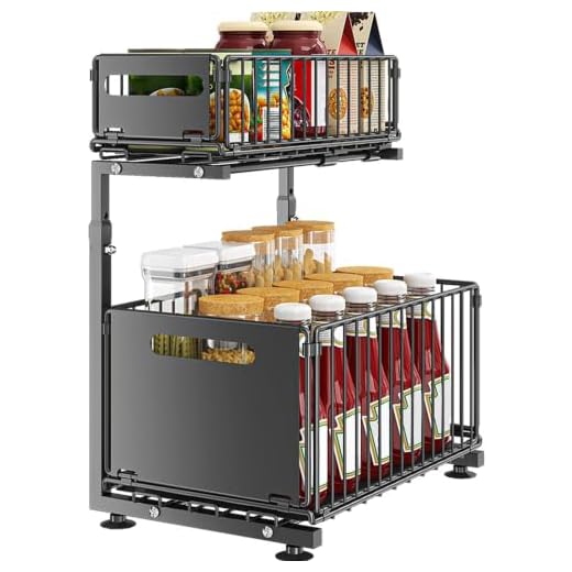 YunNasi Metalen opbergruimte voor onder de gootsteen 2-laags keukenorganizer met schuiflade plank voor onder de gootsteen organizer voor keuken badkamer in hoogte verstelbaar (Zwart-1 Stuk)