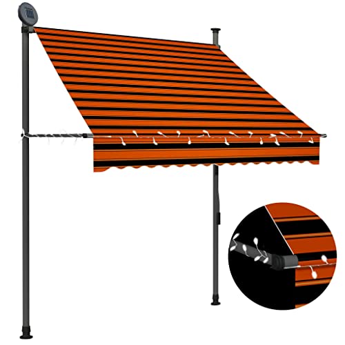 vidaXL Manual Retractable Awning with LED Lighting - 150 cm, Orange and Brown Combination - Weather, Durable Steel Frame, Solar Power LED Strip, Adjustable Height and Angle, Easy to Assemble