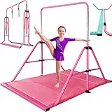PreGymnastic Updated Folding Gymnastics Kip Bar with Sturdier Base, A Safe Gymnasitc Bar for Kids 3-8 Years Old, Easy to Assemble and Dis-Assemble (New Pink-Mat)