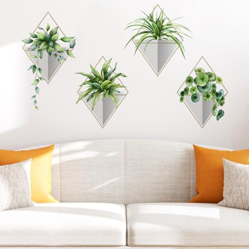 Stickers muraux plantes 4pcs, stickers muraux en céramique verte réaliste autocollants muraux autocollants salon chambre cuisine décoration de bureau stickers muraux...