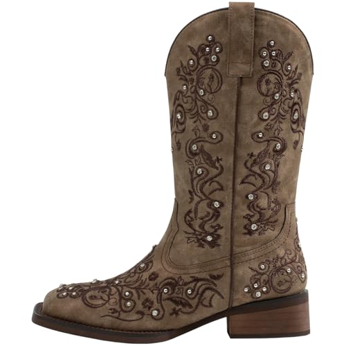 Image of SheSole Women Cowboy Boots Sparkle Western Cowgirl Boots for Ladies Rhinestone Wide Square Toe Mid Calf Floral Shoes