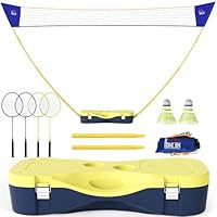 HOMCOM Badminton Netz mit Stand, Badminton-Netzständer, tragbarer Netzständer, Badmintonnetz mit 4 Badminton-Schlägern, Outdoor-Sport, Gelb+Blau, 286 x 33 x 157 cm
