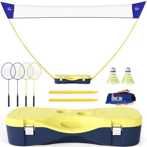 HOMCOM Badminton Netz mit Stand, Badminton-Netzständer, tragbarer Netzständer, Badmintonnetz mit 4 Badminton-Schlägern, Outdoor-Sport, Gelb+Blau, 286 x 33 x 157 cm