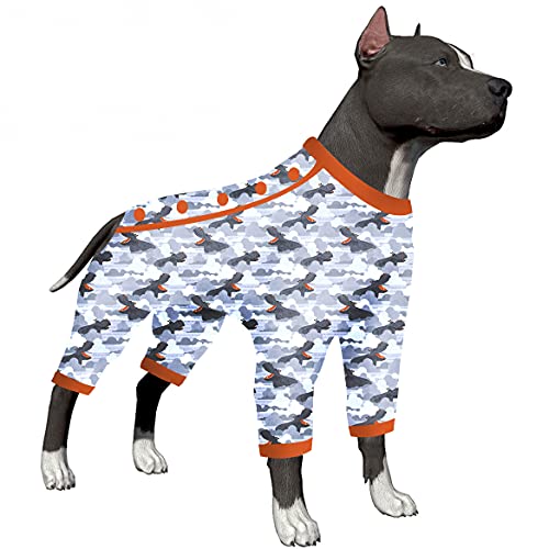 LovinPet Pitbull Outfits - Anti Licking Dog Onesie, 4 Legged Large Dog Jammies, Stretchable Fabric, Bathing Beauties Grey Print, Shirts for Dogs,XL