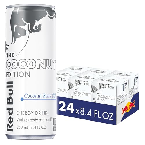 Image of Red Bull Coconut Edition Energy Drink, Coconut Berry, with 80mg Caffeine plus Taurine & B Vitamins, 8.4 Fl Oz, 6 Packs of 4 Cans (Pack of 24)