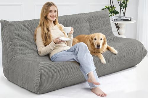 Image of Bean Bag Chair,Giant Beanbag Chairs for Adults,Comfy Large Fireside Chair Lazy Sofa,Corduroy Bean Bag Lounger with Memory Foam Filled,Floor Sofa Couch for Living Room (Light Grey, 3-Seater)