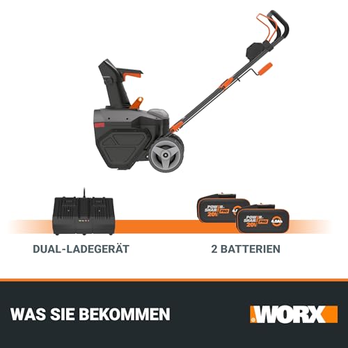 WORX WG471E Nitro Akku-Schneefräse 40V – Brushless Motor – 51cm Arbeitsbreite – bis zu 25cm Schneehöhe geeignet - 180° drehbare Auswurfkanal – 6m Wurfweite – LED-Licht – inkl. 2x4Ah Akkus & Ladegerät