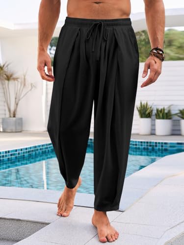 Runcati Mens Casual Harem Pants Drawstring Elastic Waist Cotton Cropped Trousers Yoga Beach Lightweight Pants2