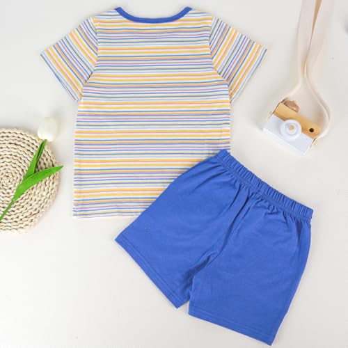 JiuBreeze Toddler Baby Boy Summer Outfit Striped Short Sleeve T-Shirt Shorts Set 2-Piece Boys Outfits Clothing Sizes 18M-5T (Raibow D.Blue, 4-5T) — view 2