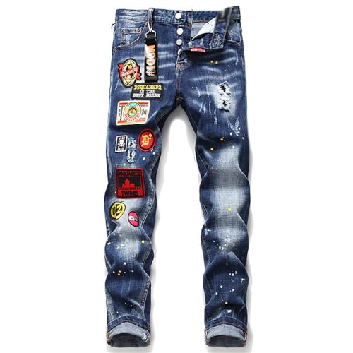 Autumn/Winter Denim Jeans, Distressed Paint-Splattered Men's Jeans, Slim Fit Patchwork Stretch Denim, Blue Skinny Jeans,34