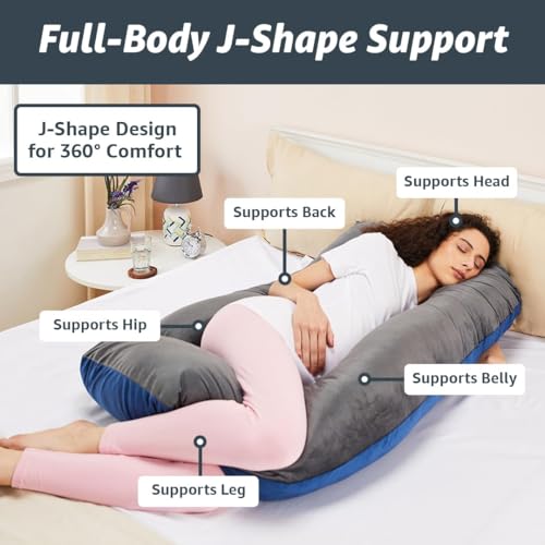 Image of Amazon Basics Velvet Full Body Pregnancy Pillow for Maternity,Baby Nursing,Full Body Support|Perfect Baby Shower Gift|J-Shaped-Washable Cover with Zip-Blue & Grey