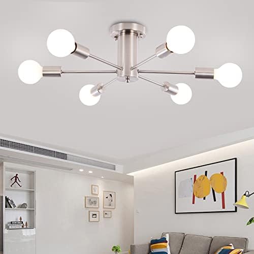 WTYUIO Semi Flush Mount Ceiling Light Fixture 6 Lights, Modern Sputnik Chandelier, Mid Century Pendant Light Fixture for Bedroom, Living Room, Dining Room, Kitchen, Hallway, Foyer, Nickel