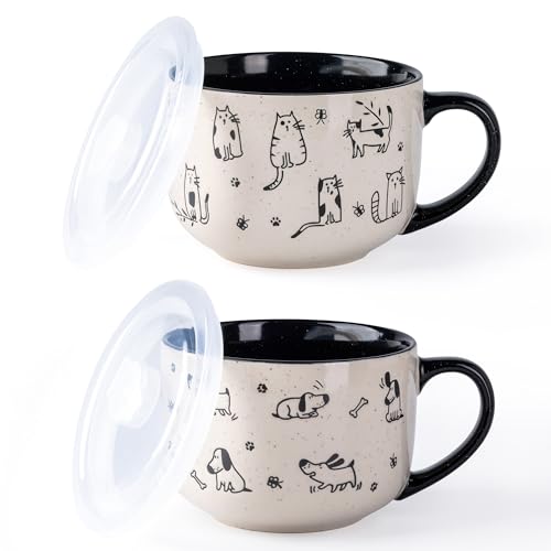 AmorArc 24 Ounces Ceramic Soup Mugs with Lids and Handle, Stoneware Bowls Cup Set of 2 for Soup, Stew, Noodle, Beautiful Mug Bowls With Lovely Dog,Cat Patterns, Microwave&Dishwasher Safe, Black