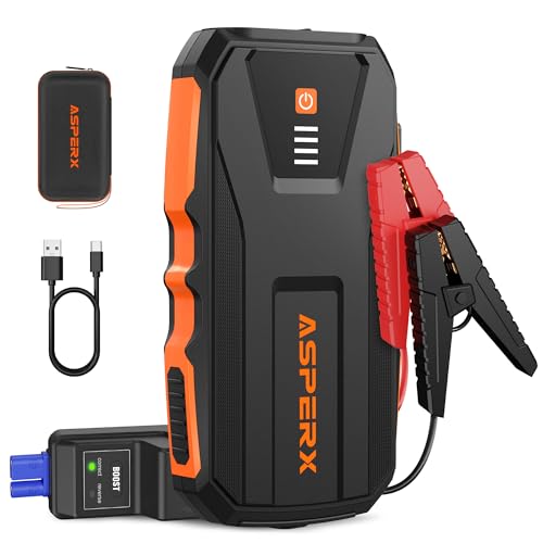 AsperX Starthilfe Powerbank 3000A 12V(Bis Zu 10,0L Benzin oder 8,0L Diesel) Auto Starthilfe mit Starthilfekabel,LED Taschenlampe,IP64 Wasserdicht,Jump Starter für PKW LKW UTV Van Motorrad