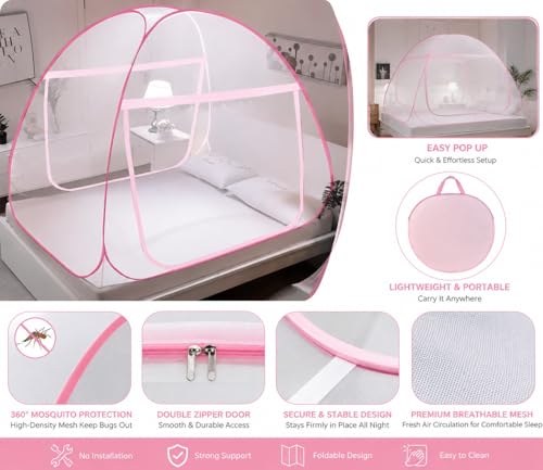 Image of Mosquito Net for Double Bed, 6.5x6.5 Feet 30 GSM Premium Double Bed Machardani, Strong and Durable, PVC Coated Tent Type, Foldable, Corrosion Resistant, King Size (White-Pink)