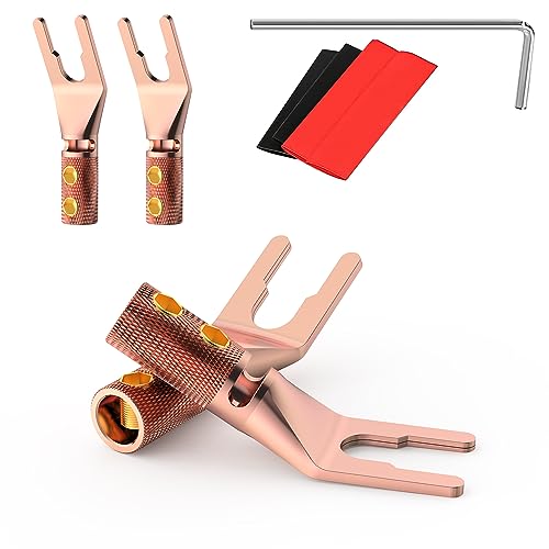 4PCS Spade Connector,45 Degree Pure Copper Audio Fork Y Spade Plug DIY with Heat Shrink Tubing and Hex Wrench,Dual Screw Locking Speaker Cable Plug for Speaker Cables (Knurled)