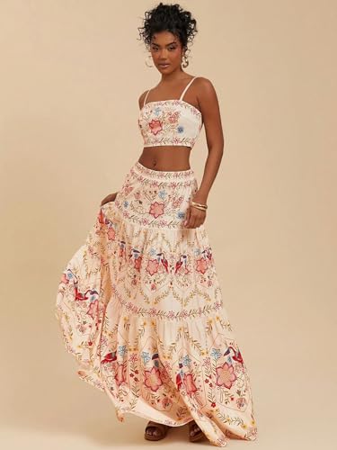 Womens Print Maxi Skirt Outfits Sleeveless Halter Crop Tank Top High Waist Maxi Skirt Beach Vacation Sets2