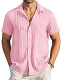 COOFANDY Button Down Shirt Men Short Sleeve Shirt Button Up Shirts for Men Linen Shirts for Men Summer Beach Shirt Pink