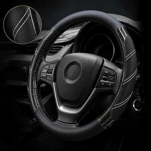 Image of Elantrip Sport Leather Steering Wheel Cover 14 1 /2 inch to 15 inch Universal, Padded Soft Grip Breathable for Car Truck SUV Jeep, Anti Slip Odorless Carbon Fiber Black