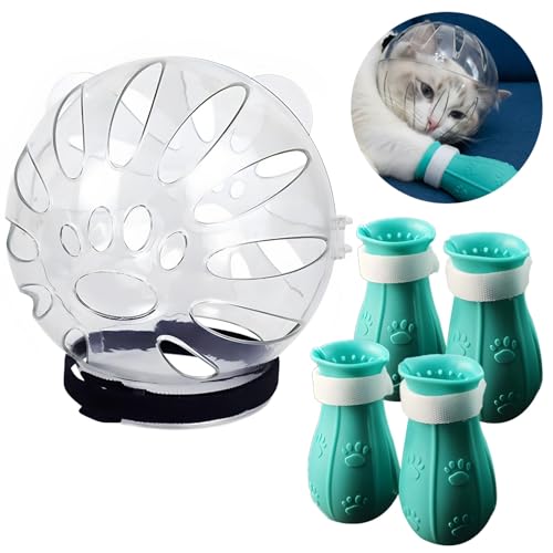Varku Cat Helmet,Cat Muzzle for Grooming Set Cat Astronaut Helmet, 4 Plastic Paw Shoes, Anti-Bite & Lick,Transparent Breathable Space Cat Helmet Headgear with Paw Covers Blue