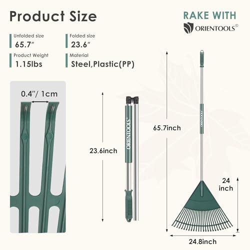 ORIENTOOLS Garden Leaf Rake, Garden Rakes for Lawns Leaves with 65.7\" Foldable Handle Rake, 26 Strong Tines Plastic Head Shrub Rake, Yard Garden Rake for Lawns, Grass, Flower Beds Leaves Cleaning - Thumbnail 2