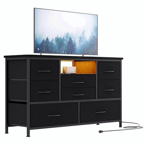 Jojoka 8-Drawer LED Dresser TV Stand with Power Outlet for 55'' TV - Wide Storage Chest for Bedroom, Living Room & Entryway, Wood Top Console Table wi