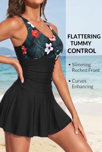 Image of Yonique One Piece Swimsuits for Women Modest Tummy Control Swimdress Vintage Bathing Suits Skirt Swimwear