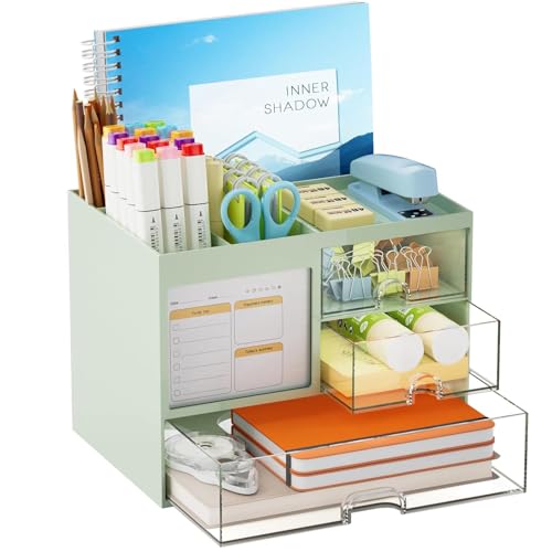 Image of UCRAVO GREEN Desk Organizer and Storage with 3 Drawers, Multi-Functional Desktop Organizer, 8 Compartments Pencil Pen Holder for Office, Home, School & Art Supplies