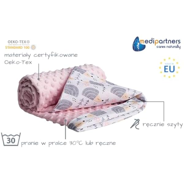 Детское одеяло 75x100 см Medi Partners, двустороннее, многофункциональное, для колясок, из мягкого и уютного материала Minky, 100% хлопок (ежики на светло-розовом Minky)